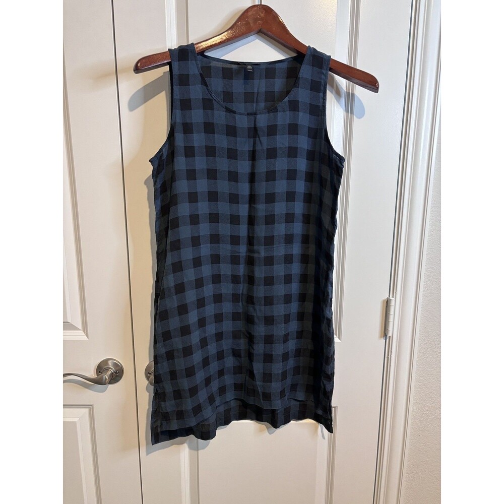 Eileen Fisher Buffalo Check Printed Silk Plaid Scoop Neck Tunic Blue Black M